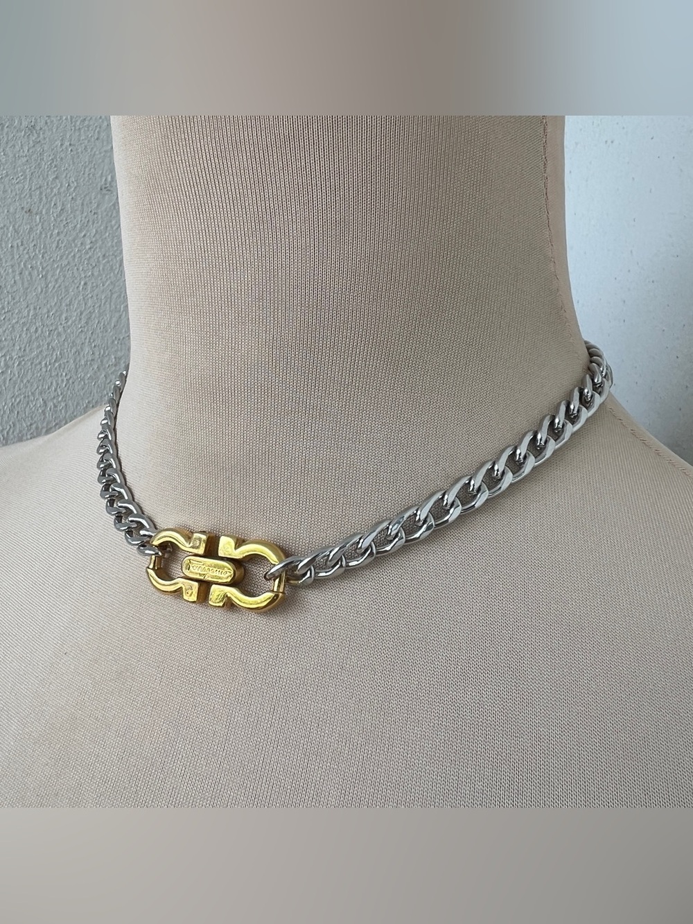 Custom Vintage Two-tone Ferragamo Necklace Silver Gold Curb Chain Choker | 15”